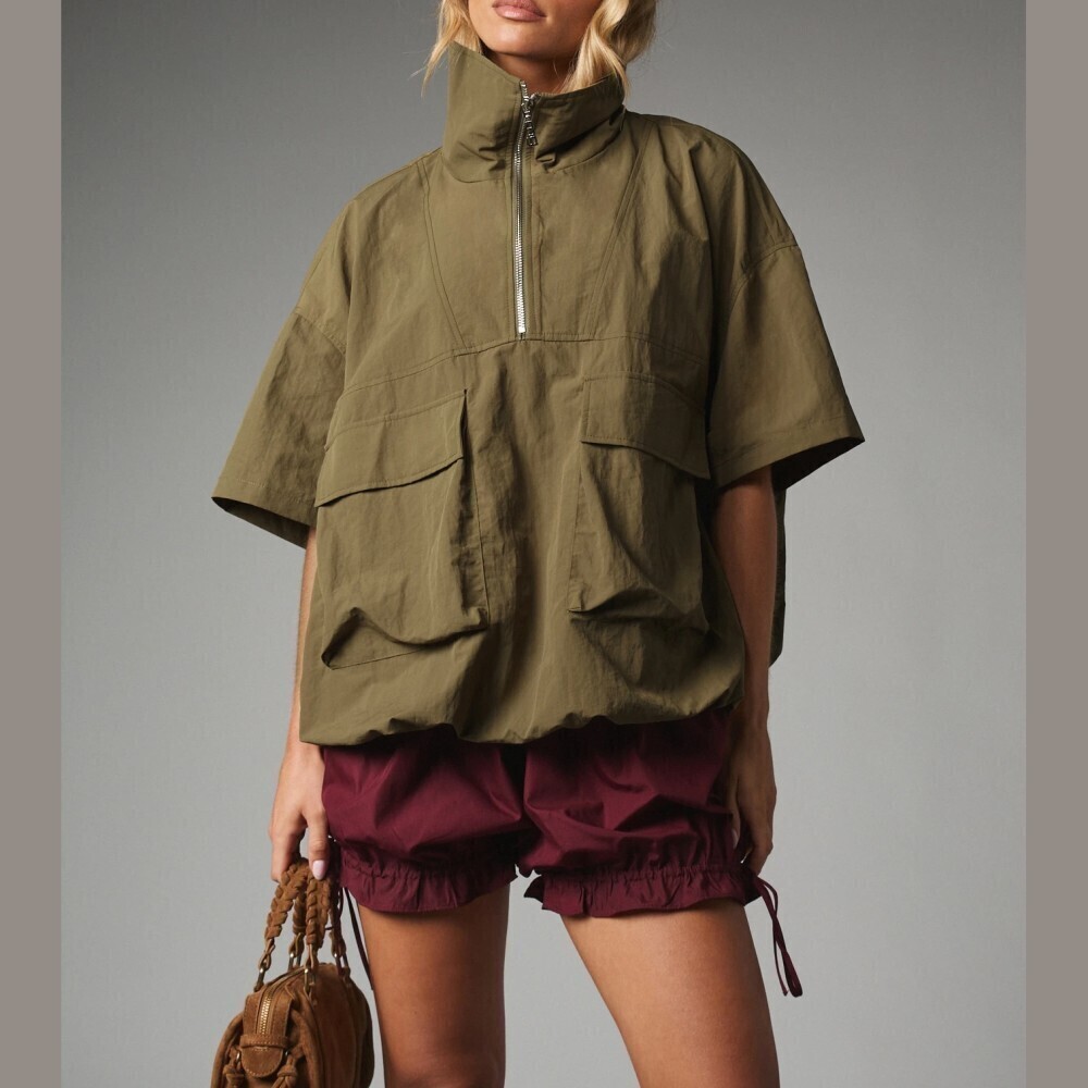 Olive Green Funnel Neck Half Zip Oversized Short Sleeve Anorak Jacket